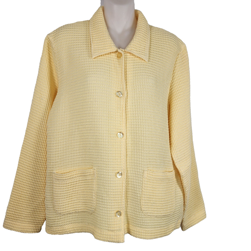 Vtg Christopher and Banks Butter Yellow Waffle Knit Blazer Jacket Large Pockets